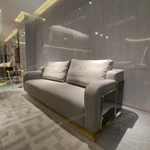 Luxury Light Gray Leather & Teal Velvet Sofa Set with Brand-Embossed Cushions & Gold Stainless Steel Base